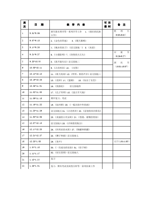 最新人教版小学三年级语文上册教学进度表