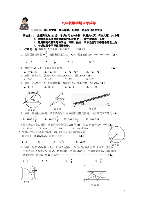 浙江省东阳市九年级数学上学期期末考试试题