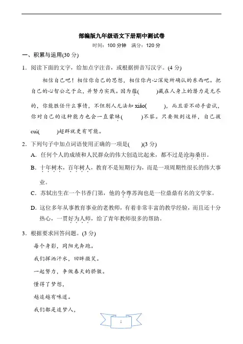 部编版九年级语文下册期中测试卷(含答案解析)