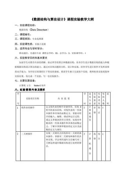 数据结构与算法设计实验教学大纲(选修)