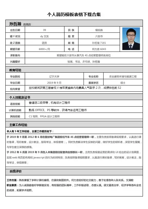 个人简历模板表格下载合集