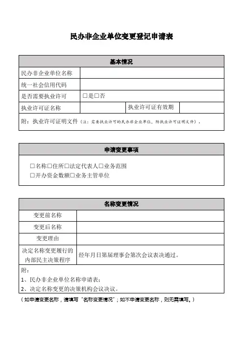 民办非企业单位变更登记申请表