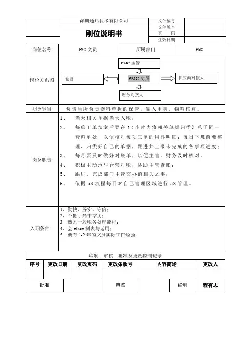 PMC文员岗位说明书