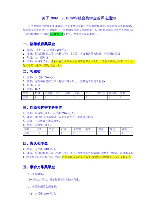 2009-2010年度本科生社会奖学金通知(11.8)