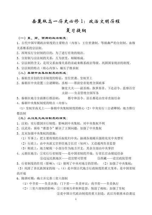 高一历史必修1最全的复习提纲