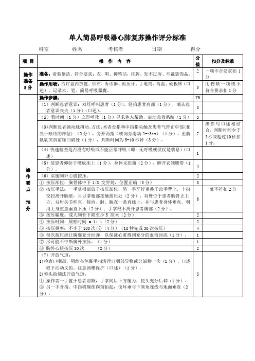 单人简易呼吸器心肺复苏操作评分标准
