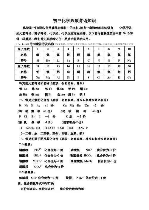 初三化学必须背诵知识