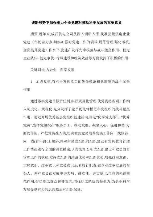 谈新形势下加强电力企业党建对推动科学发展的重要意义