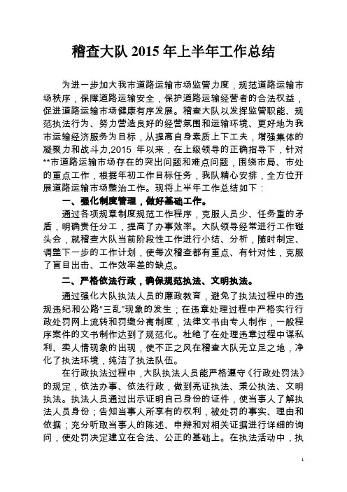 稽查大队2015年上半年工作总结