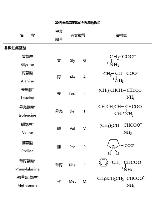 20种常见氨基酸的名称和结构式