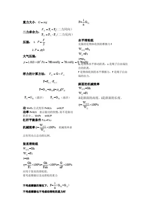 最新版人教物理八年级下册全部公式总结