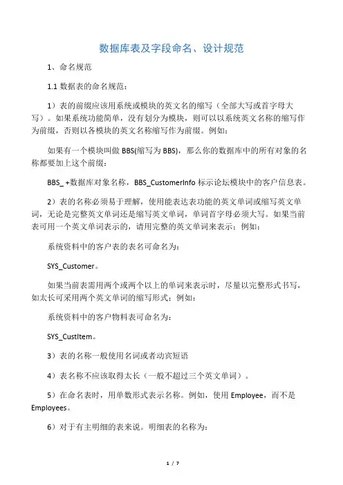 数据库表及字段命名、设计规范
