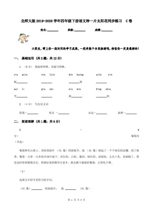 北师大版2019-2020学年四年级下册语文种一片太阳花同步练习  C卷