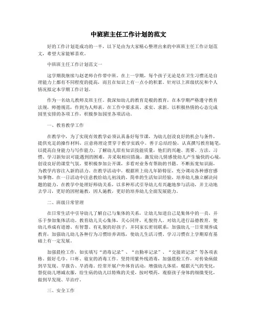 中班班主任工作计划的范文