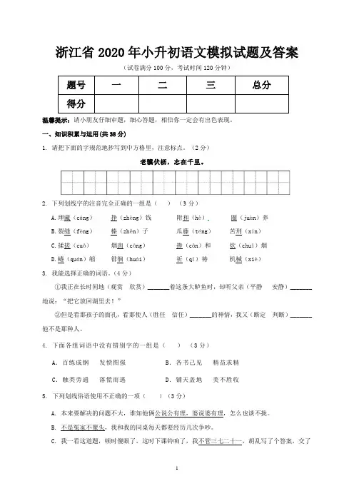 浙江省2020年小升初语文模拟试题及答案