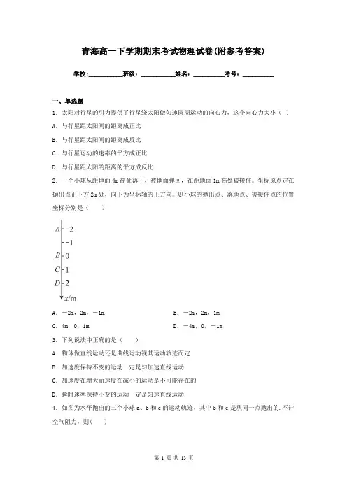 青海高一下学期期末考试物理试卷(附参考答案)