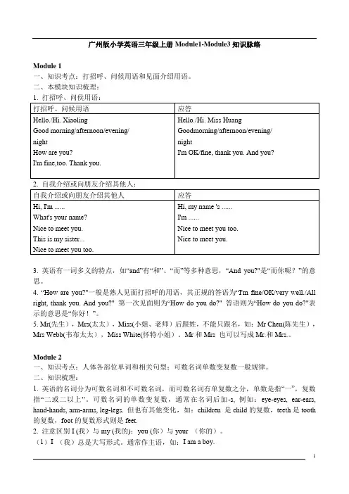 广州版小学英语三年级上册Module1-Module3知识脉络(免费)
