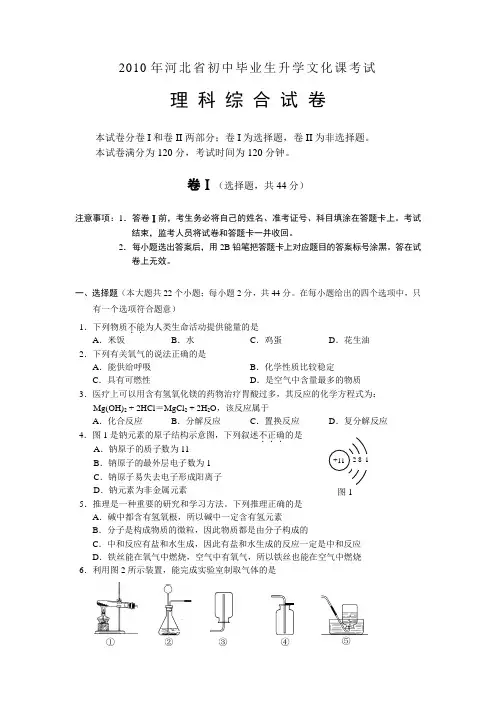 2010年河北省中考理综试题(word版,扫描答案)