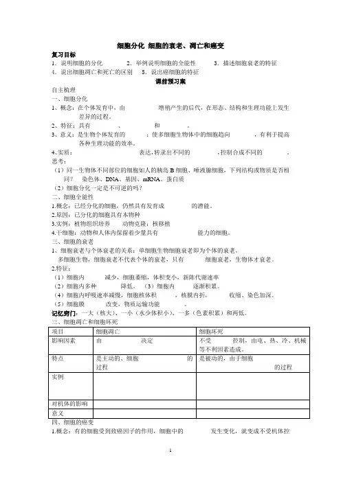 细胞分化 细胞的衰老、凋亡和癌变 复习学案