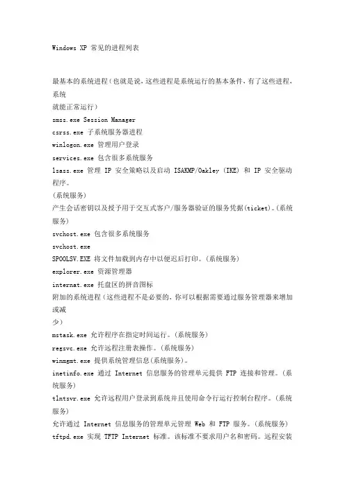 Windows XP 常见的进程列表