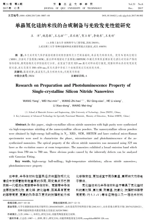 单晶氮化硅纳米线的合成制备与光致发光性能研究