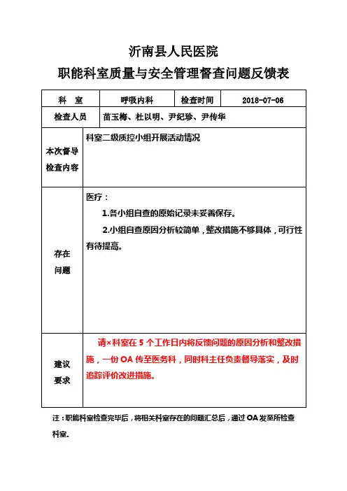 职能科室质量与安全管理督查问题反馈表
