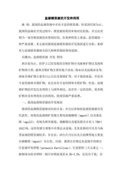 盐湖镁资源的开发和利用