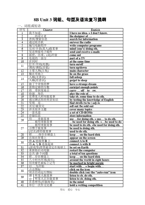 八年级英语8B Unit 3词组、句型及语法复习提纲.doc