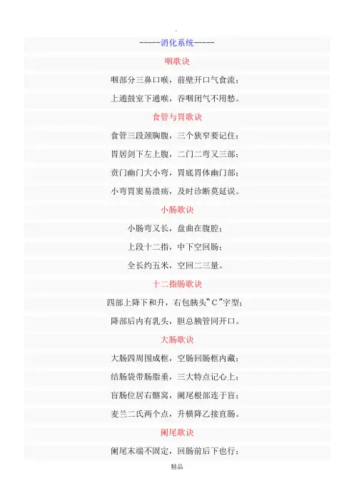 系统解剖学快速记忆口诀