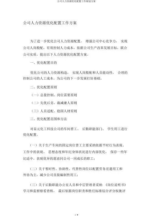 公司人力资源优化配置工作规划方案