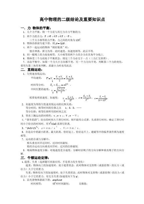高中物理的二级结论及重要知识点总结