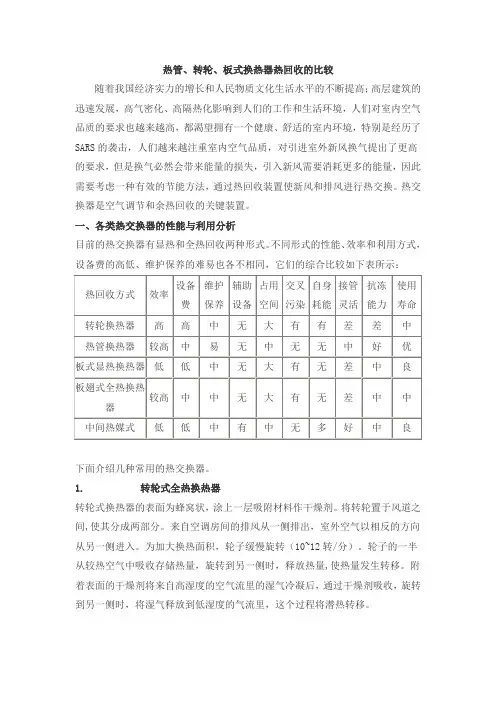 热管、转轮、板式换热器热回收的比较