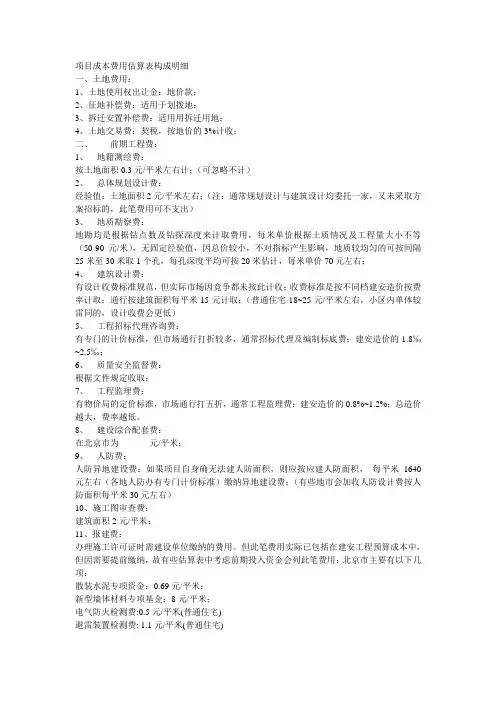 项目成本费用估算表构成明细 2