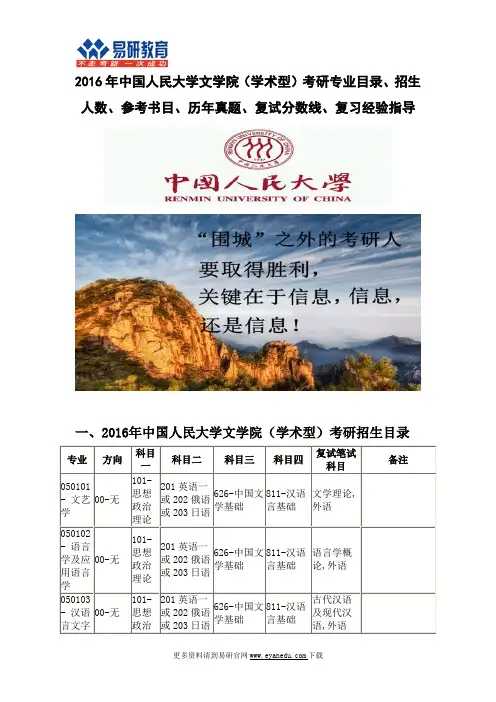 2016年中国人民大学文学院(学术型)考研专业目录、参考书目、历年真题、复试分数线、复习经验指导