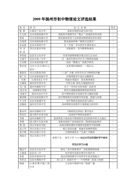 2009年扬州市初中物理论文评选结果
