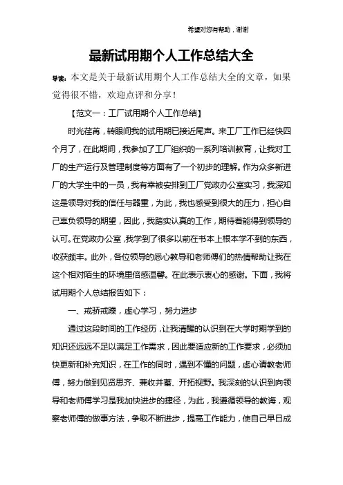 最新试用期个人工作总结大全