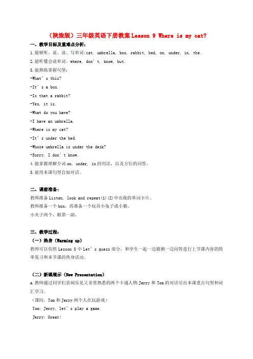三年级英语下册 Lesson 9(1)教案 陕旅版
