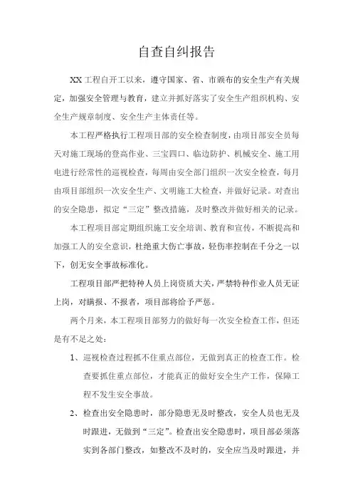 XX工程自查自纠报告