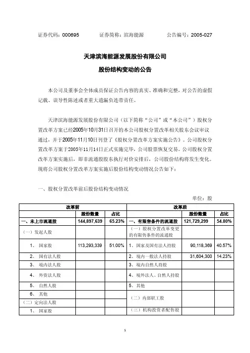 天津滨海能源发展股份有限公司股份结构变动的公告