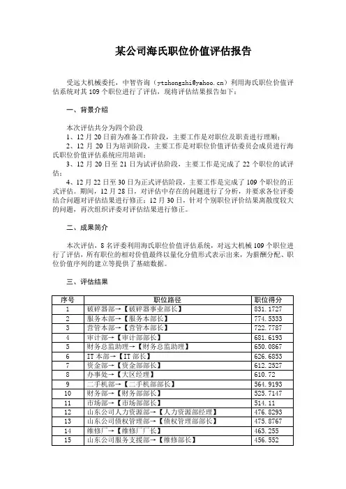 某公司职位价值评估报告