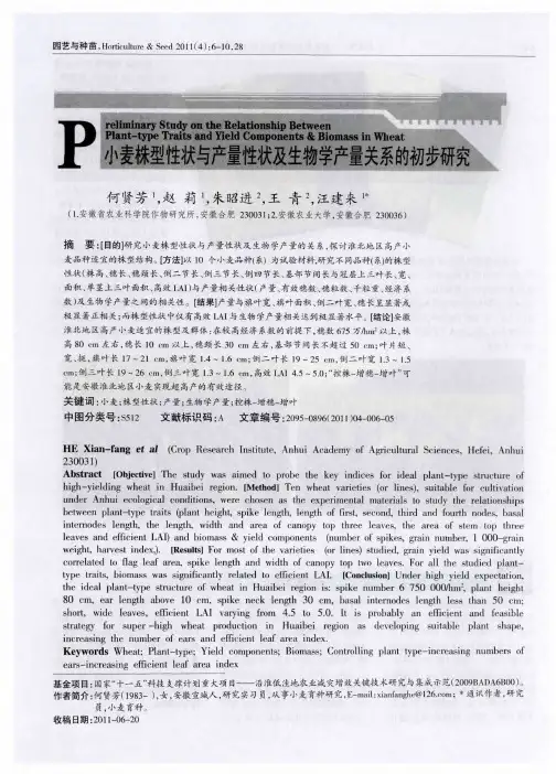 小麦株型性状与产量性状及生物学产量关系的初步研究