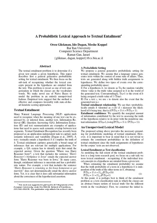 Textual Entailment A Probabilistic Lexical Approach to Textual Entailment