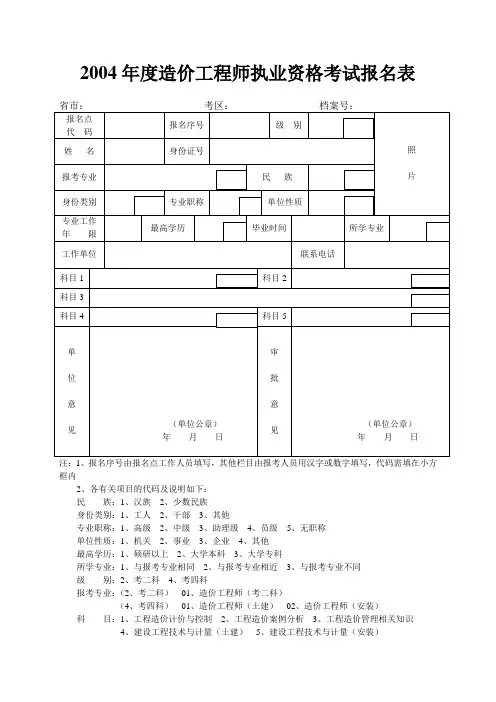 2004年度造价工程师执业资格考试报名表.