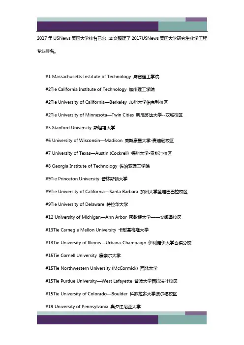 ……2017年USNews美国化学工程专业研究生排名