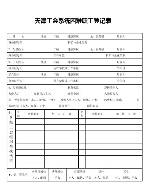 天津工会系统困难职工登记表