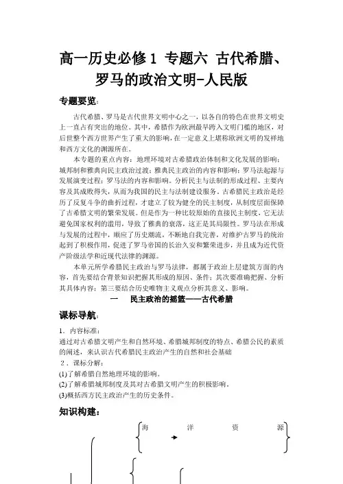 高一历史必修1 专题六 古代希腊、罗马的政治文明-人民版