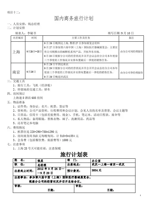 国内商务旅行计划