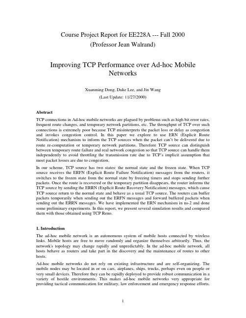 (Professor Jean Walrand) Improving TCP Performance over Ad-hoc Mobile Networks