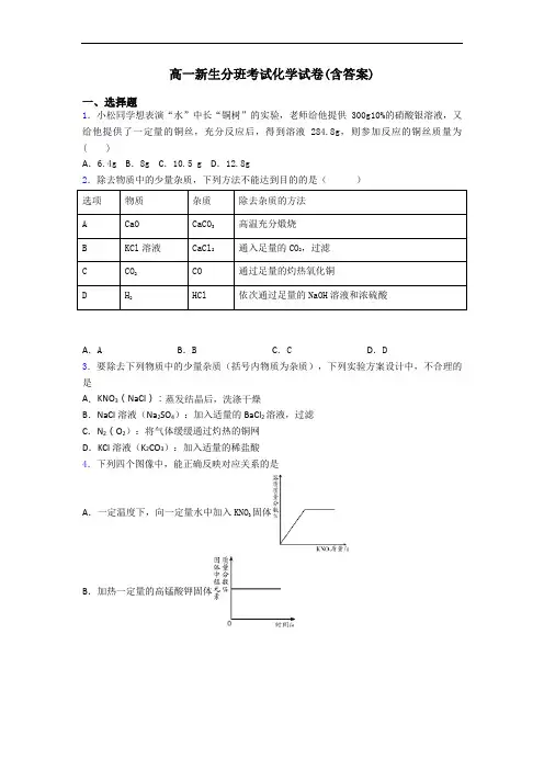 高一新生分班考试化学试卷(含答案)