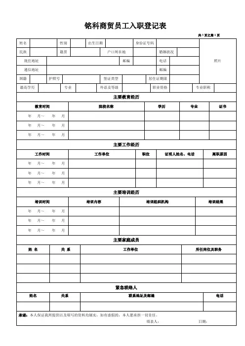 《员工入职登记表》经典范本